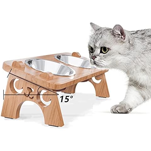 Raised bowls for cats, bowls for food and . High 15° inclined feeding plates for small dogs,  feeder set for cats and puppies (walnut color) Feeders,DrinkersAccessories BowlesDishes