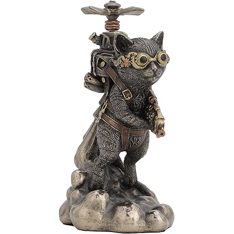 Design 5 1/2 İnç Uzun Steampunk Kedi Pervanesi Hayvan Koleksiyon Heykelcik Soğuk Döküm Bronzlaştırılmış Reçine Heykeli